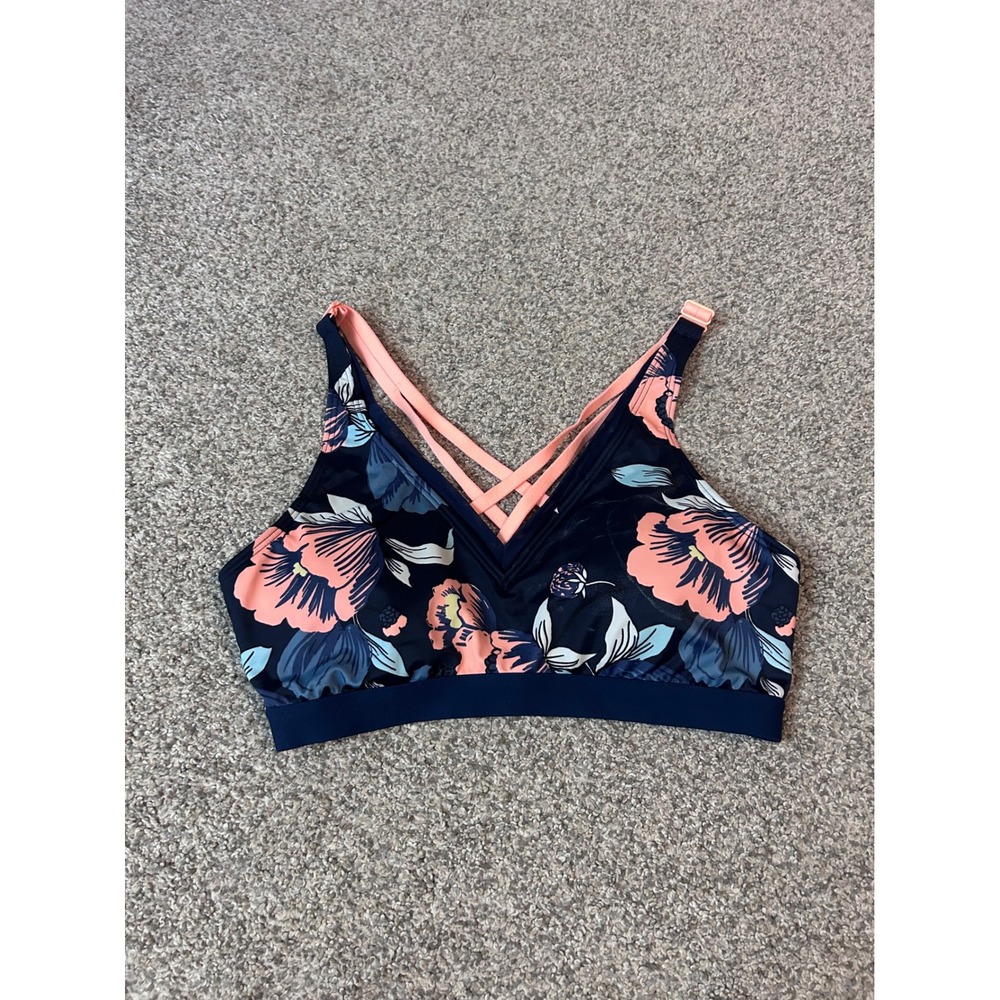 Roxy Women Navy Blue Floral Strappy V-Neck Mesh Back Sports Bra Medium